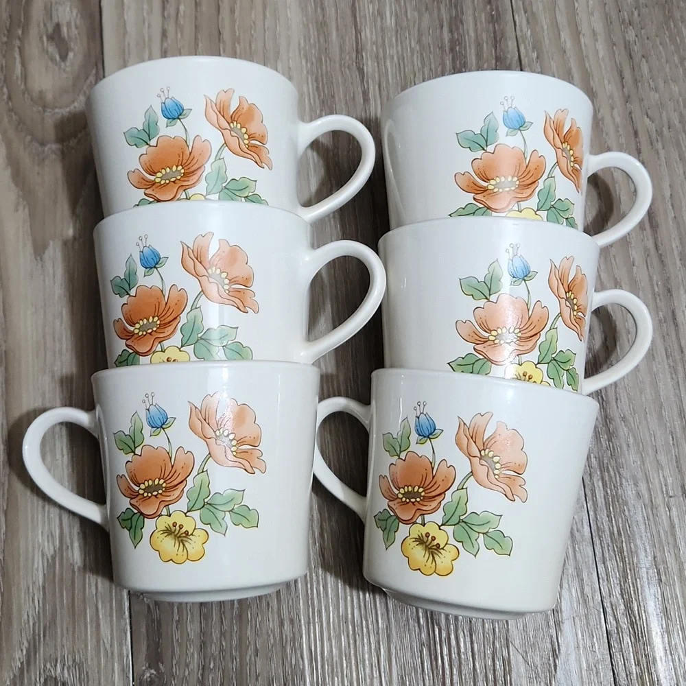 70's Corning Cornerstone Vintage Royal Garden 6 Piece Ceramic Mug Set Floral VTG